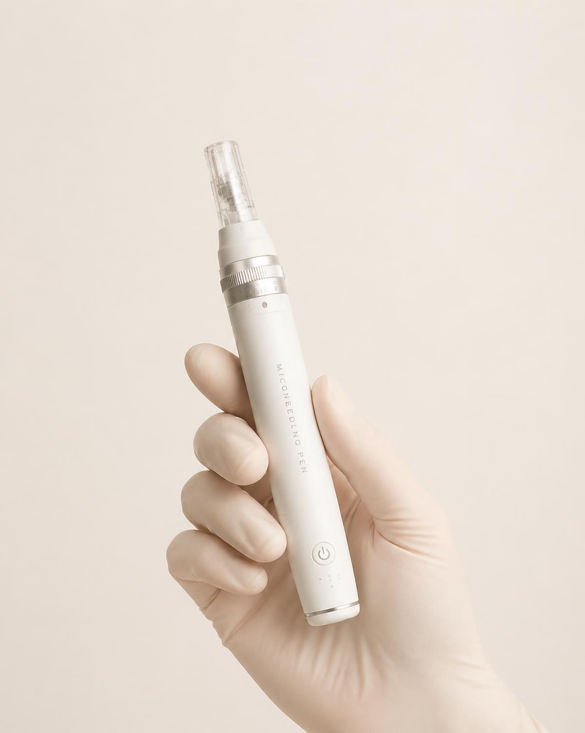 Gloved hand holding a Dermapen microneedling device