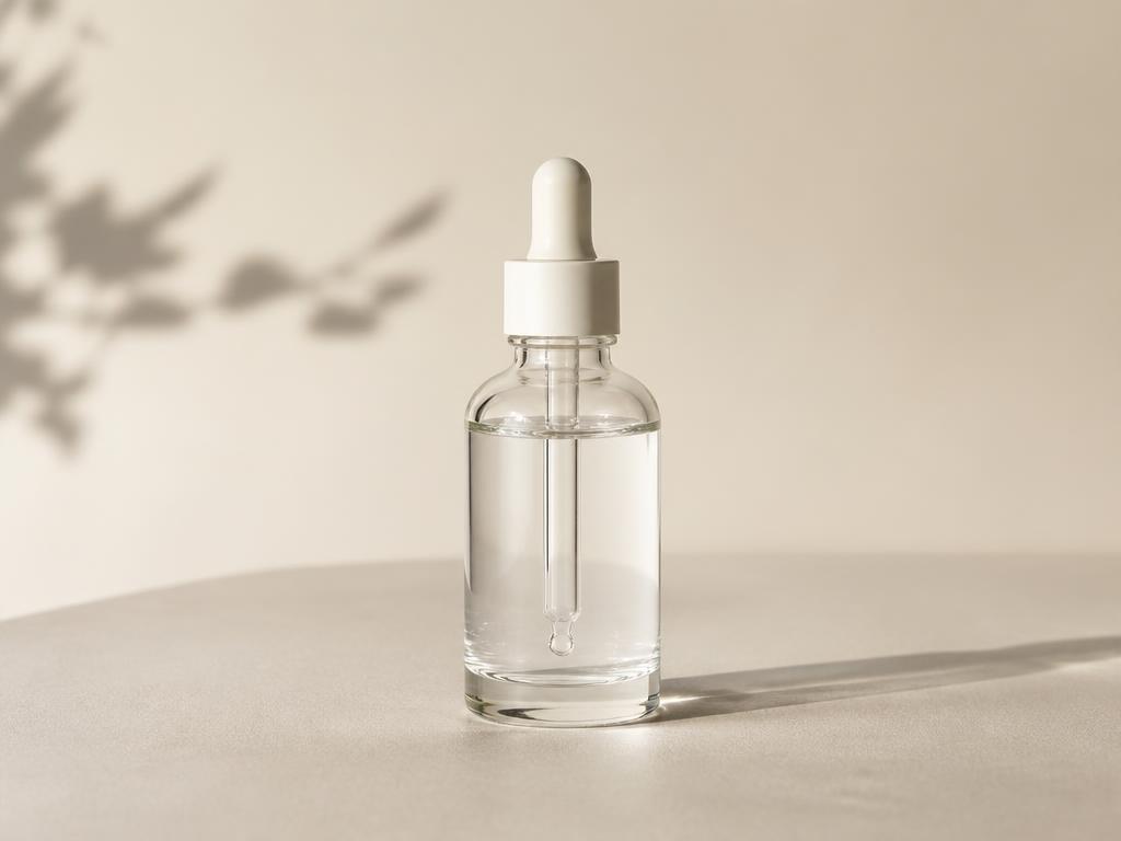 Clear glass dropper bottle with chemical peel solution on a beige surface